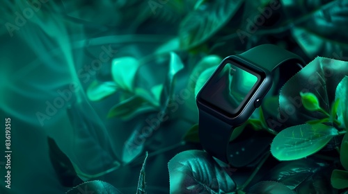 Emerald background framing a sleek fitness tracker, infusing health and wellness with vibrant energy and modern sophistication. photo