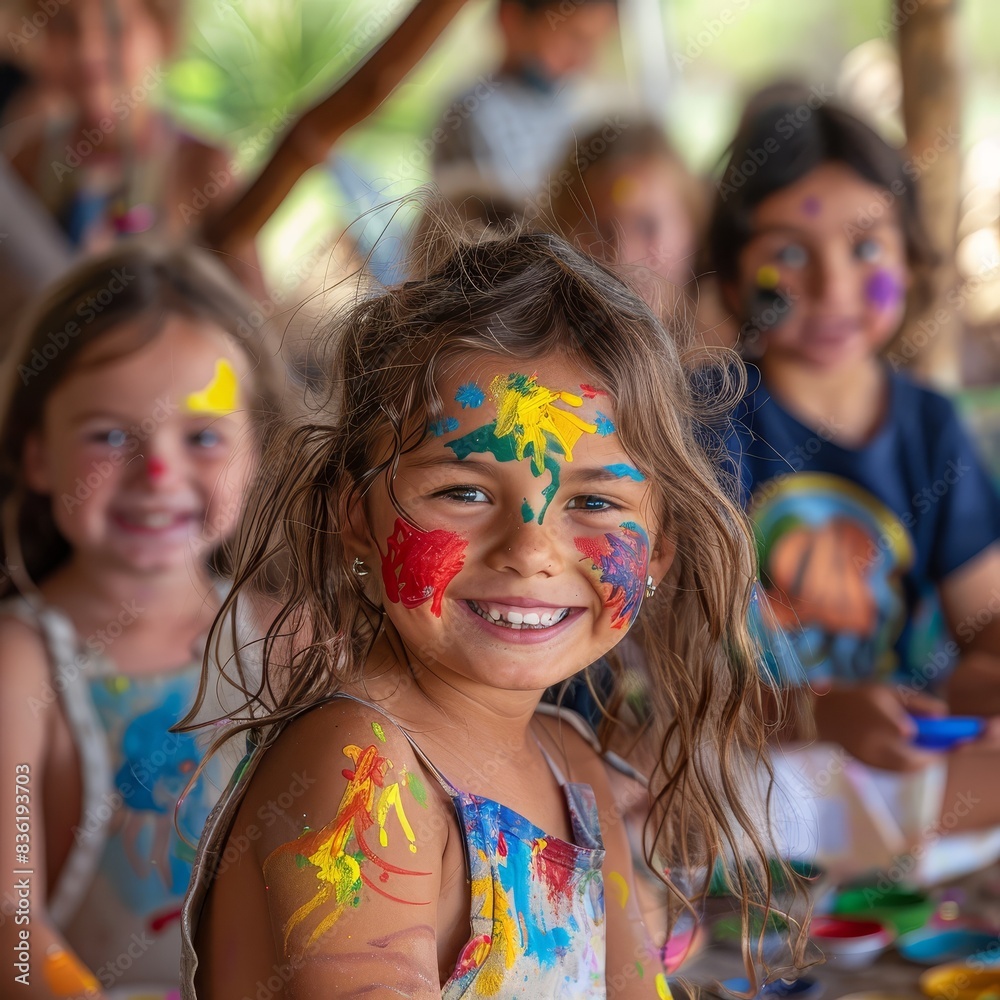 Joyful children with painted faces enjoying a fun art activity, capturing the essence of childhood creativity and happiness. Joyful children with painted faces enjoying a fun art activity, capturing the essence of childhood creativity and happiness.