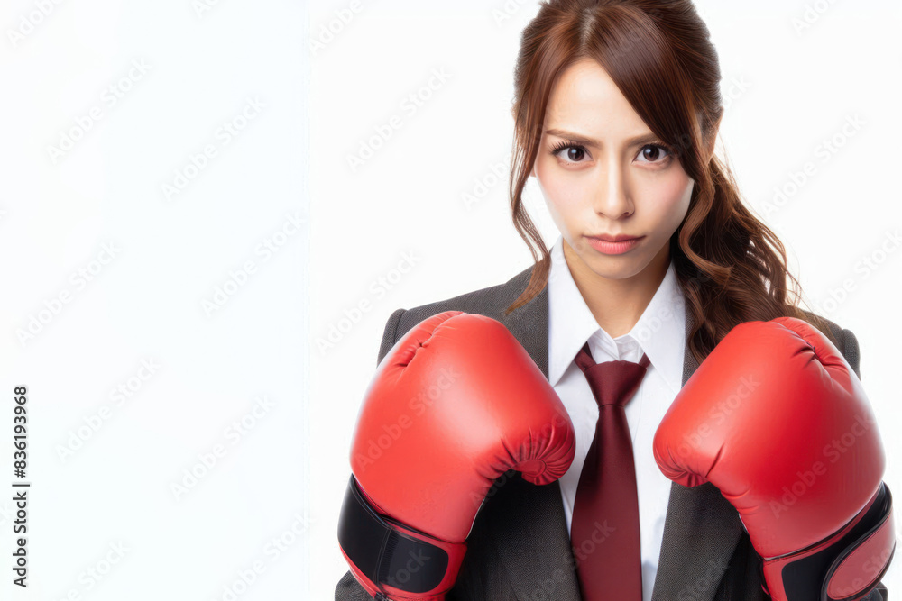 businesswoman wearing boxing gloves Isolated on white background businesswoman wearing boxing gloves Isolated on white background