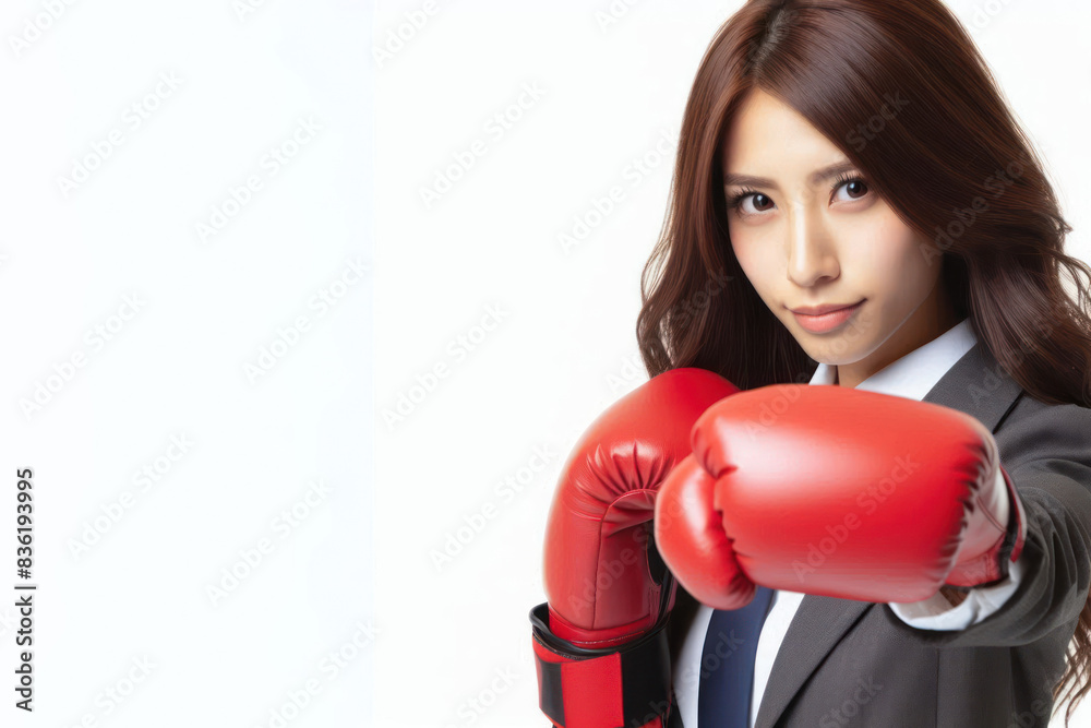 businesswoman wearing boxing gloves Isolated on white background businesswoman wearing boxing gloves Isolated on white background