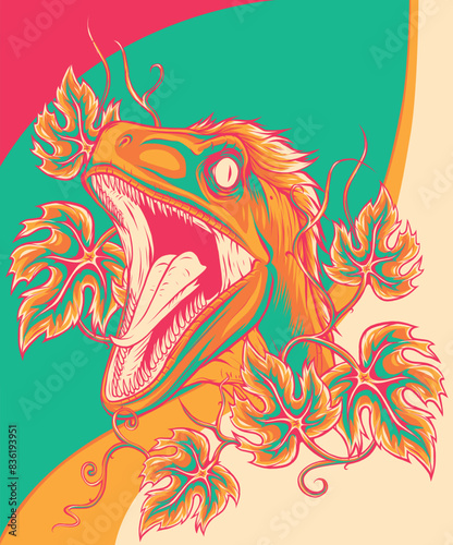 vector illustration of raptor head with leaves