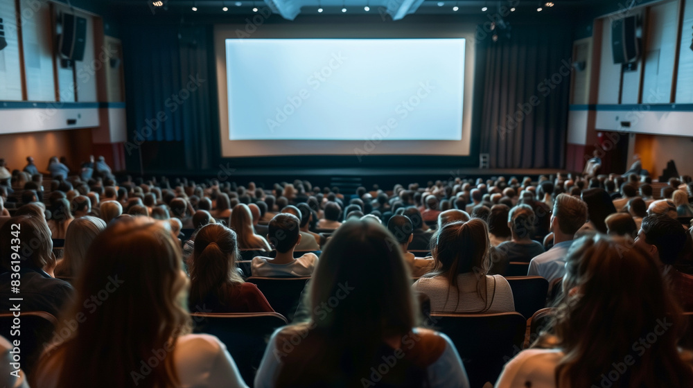 custom made wallpaper toronto digitalBack view of audience in cinema or conference hall looking at blank movie screen 