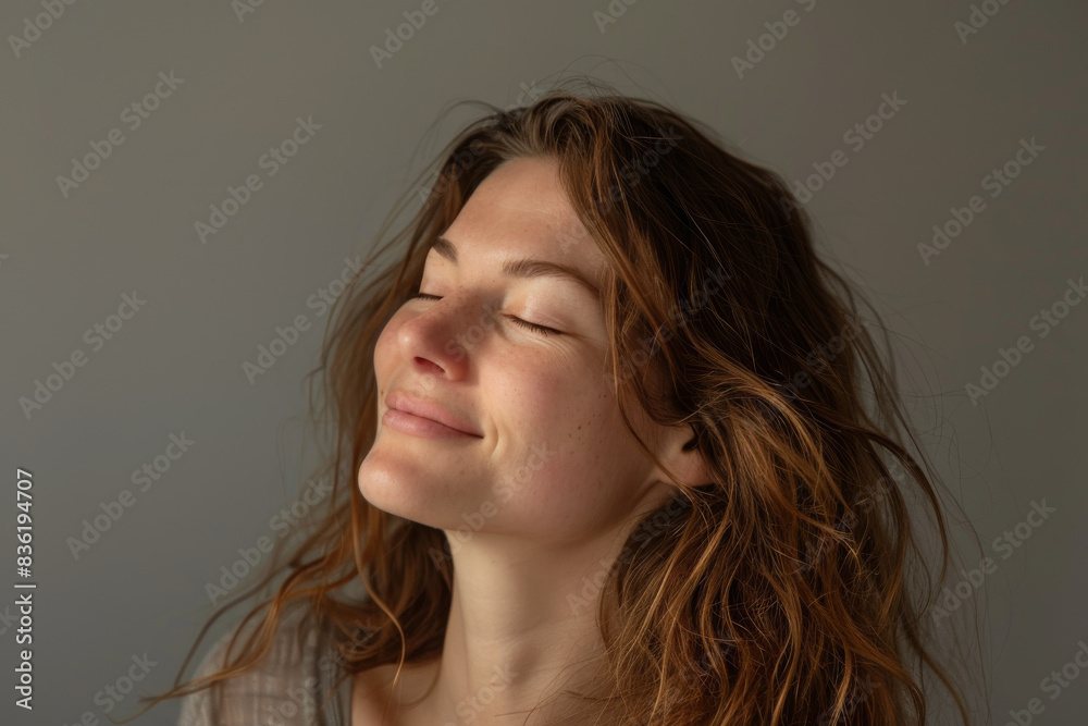 A close up of a woman's face with her eyes closed looking to a side A close up of a woman's face with her eyes closed looking to a side