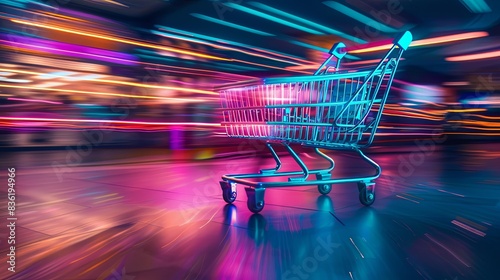 Dynamic neon shopping cart in motion against abstract colorful environment. Futuristic shopping experience.