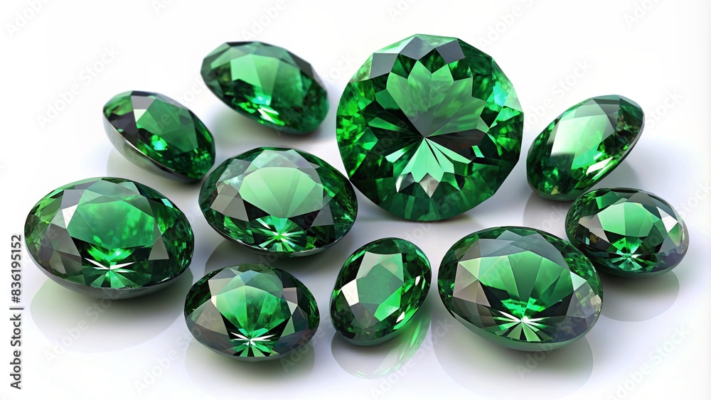 Green Emerald gemstones on white background 