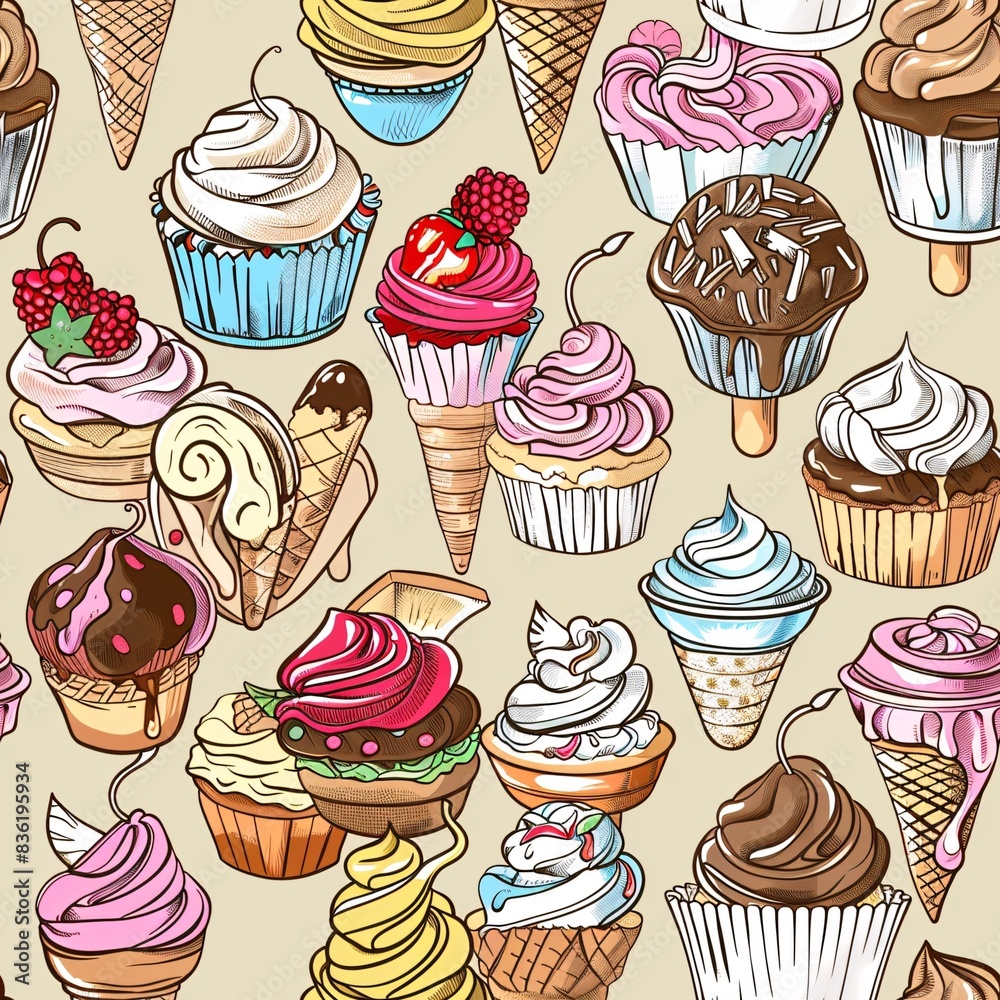 A seamless pattern with a variety of decorated cupcakes and ice cream sundaes, creating a lively and continuous design A seamless pattern with a variety of decorated cupcakes and ice cream sundaes, creating a lively and continuous design