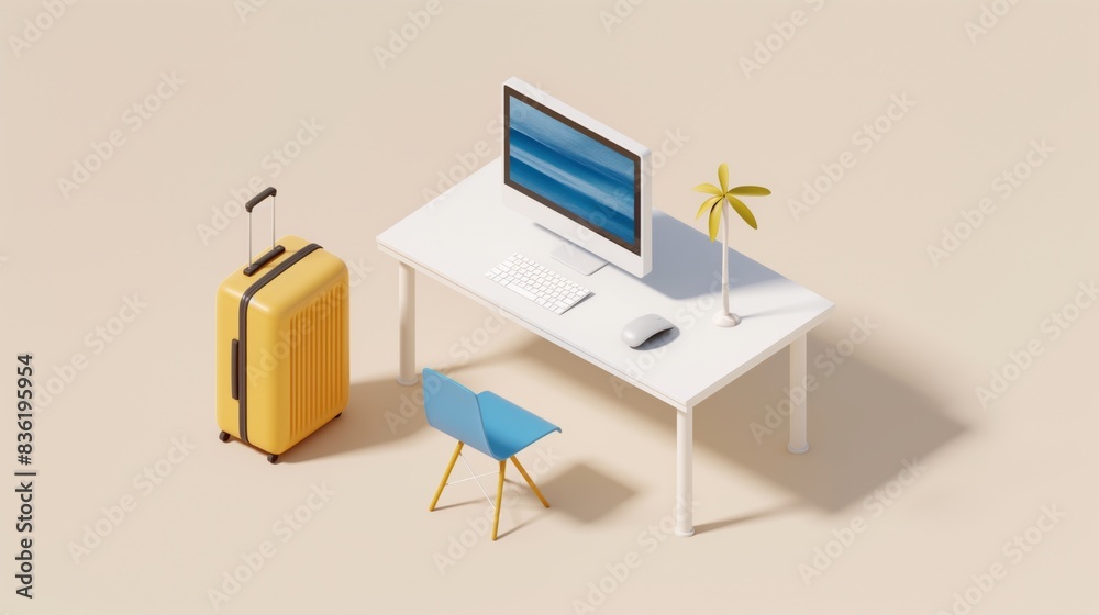 A white desk with an open computer, next to it is a yellow suitcase and blue beach chair, simple background, isometric view A white desk with an open computer, next to it is a yellow suitcase and blue beach chair, simple background, isometric view