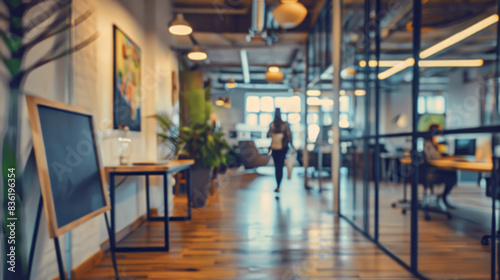 Blurred office space with chalkboard. Modern, open plan office interior with a blank chalkboard in the foreground, perfect for adding your message.