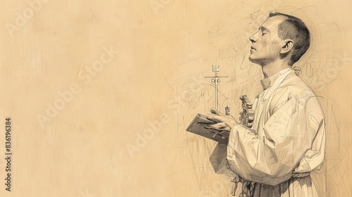 Saint Aloysius Gonzaga in Prayer, Holding Crucifix and Book of Devotions, Biblical Illustration, Beige Background, Copyspace photo