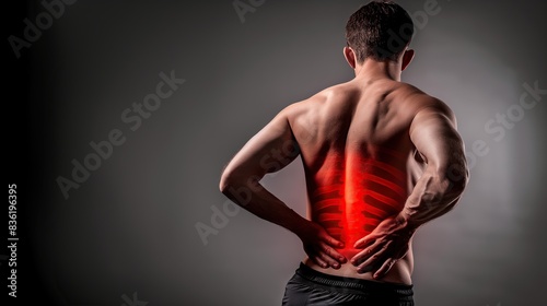 Man with lower back pain, holding his lower belly and waist isolated on a grey background, injury caused by training
