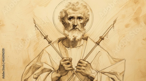 Saint Blaise Holding Crossed Candles, Symbolizing Patronage of Throat Ailments, Biblical Illustration, Beige Background, Copyspace