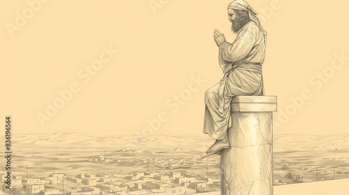 Saint Symeon Stylites Atop Pillar, Praying with Serene Expression, Biblical Illustration, Beige Background, Copyspace photo