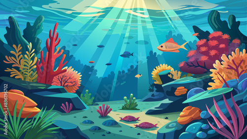 Peaceful coral reefs teeming with life, highlighted by sunbeams piercing turquoise waters, vector graphics