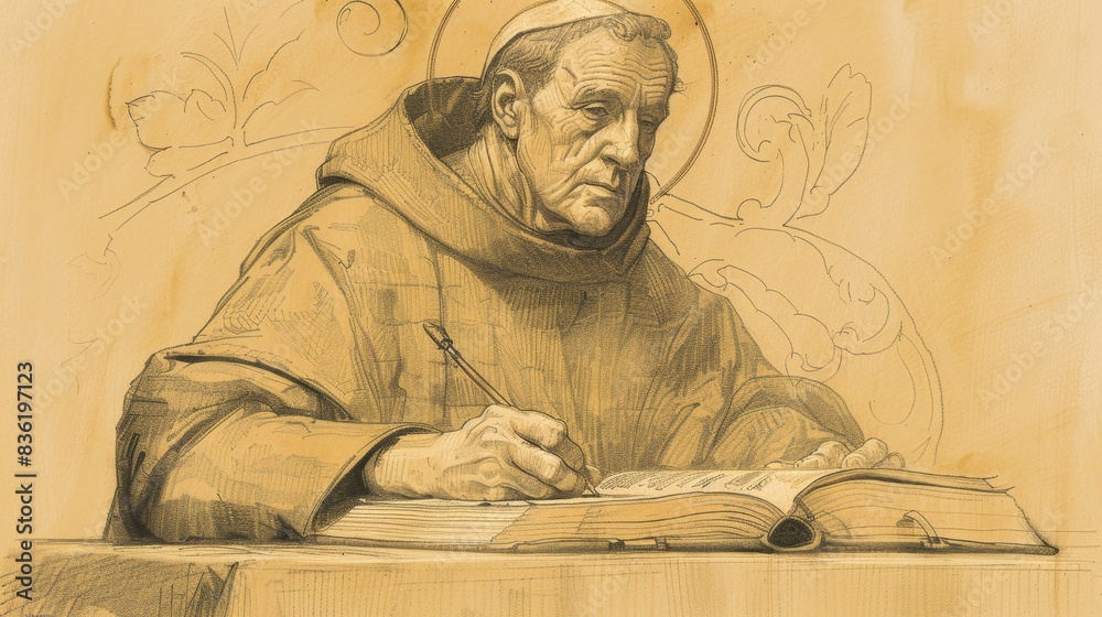 Fototapeta premium Saint Anselm of Canterbury in Monastic Setting, Writing Theological Works, Biblical Illustration, Beige Background, Copyspace