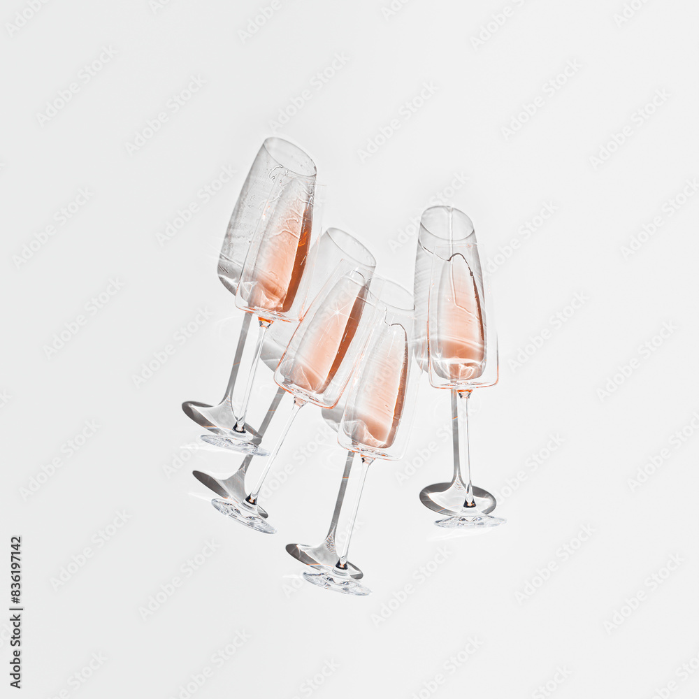 Long sparkling wine glasses top view with beautiful shadows and light effects at sunlight, summer day festive drinks on white background, empty space. Top view champagne rose wine, minimal flat lay Long sparkling wine glasses top view with beautiful shadows and light effects at sunlight, summer day festive drinks on white background, empty space. Top view champagne rose wine, minimal flat lay