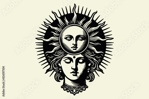 Woman with the face of the sun. Sun goddess. Isoteric vector illustration. vintage black engraving, emblem, logo