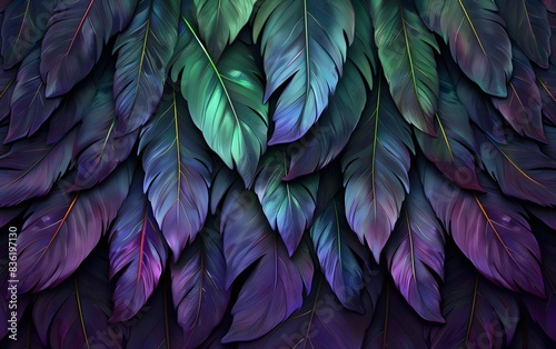 background of feathers, dark purple feathers, with green and emerald, bird feathers and fluff