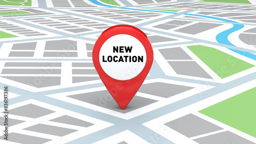 New Business Store Location with red pin icon and city map overview, 3D Illustration