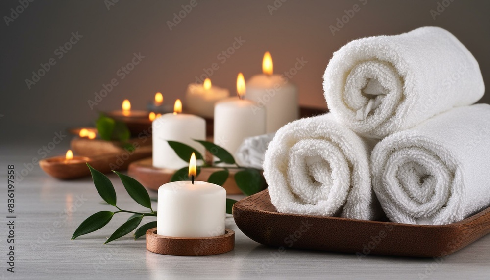 Background image with spa atmosphere, white towels and candlelight Background image with spa atmosphere, white towels and candlelight