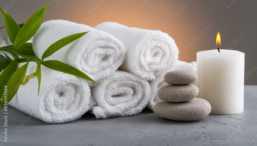 Background image with spa atmosphere, white towels and candlelight Background image with spa atmosphere, white towels and candlelight