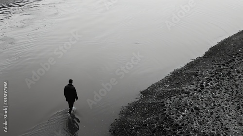A man walks through shallow water along the shore of a lake. The water is calm and still, reflecting the sky above.