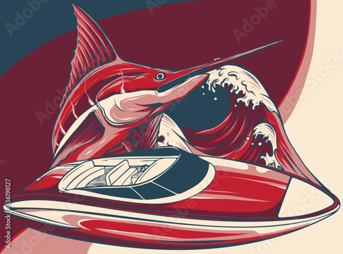 vector illustration of speedboat with marlin fish