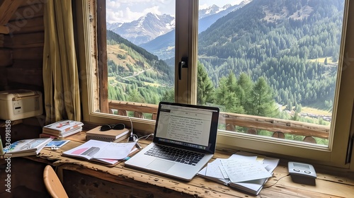 A rustic writing corner with a laptop, scattered notes, and a mountain view inspires creativity.