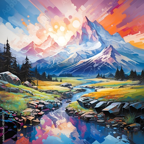 A beautiful painting showcasing a tranquil mountain landscape with a river