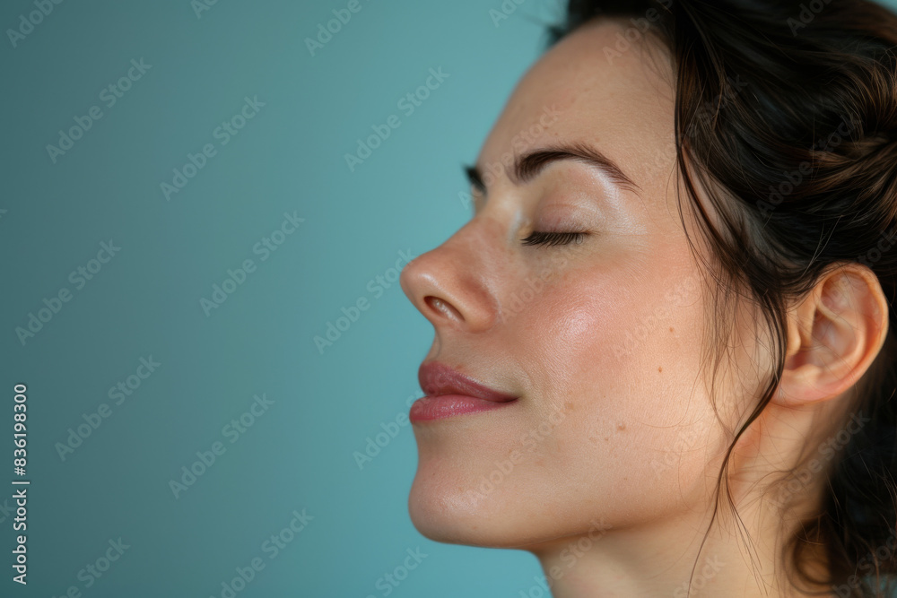 A close up of a woman's face with her eyes closed looking to a side A close up of a woman's face with her eyes closed looking to a side