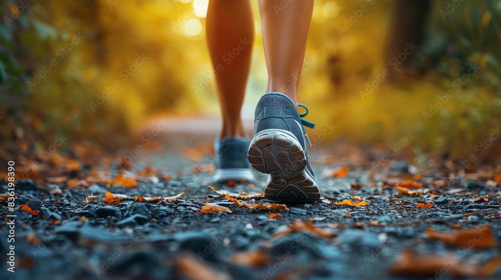 Close-up of woman's feet walking on a path in autumn, leaves on the ground. Close-up of woman's feet walking on a path in autumn, leaves on the ground.