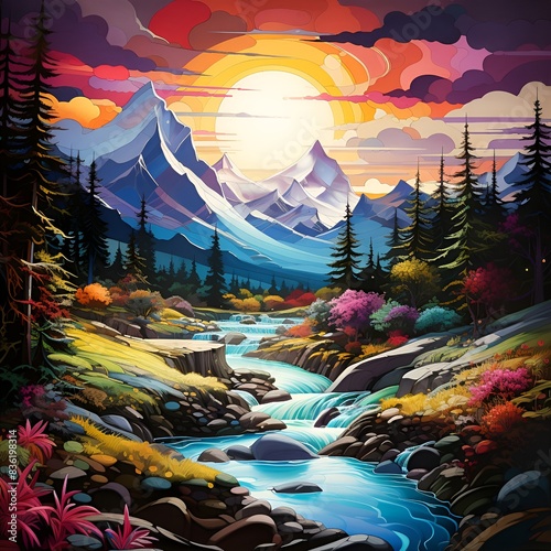 Scenic painting of mountain stream winding through majestic mountains. © Asif