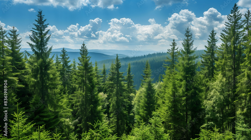 Landscape on a sunny day in the mountains Healthy green trees in a forest of old spruce, fir and pine ю clean air in forest Landscape on a sunny day in the mountains Healthy green trees in a forest of old spruce, fir and pine ю clean air in forest