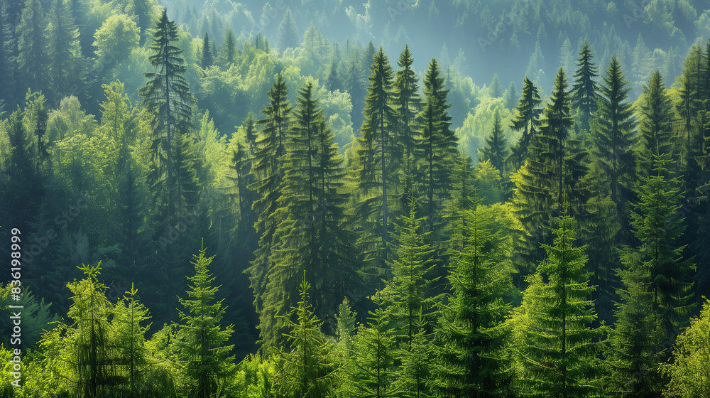 Obraz premium aerial view Landscape on a sunny day in the mountains Healthy green trees in a forest of old spruce, fir and pine . clean air in forest