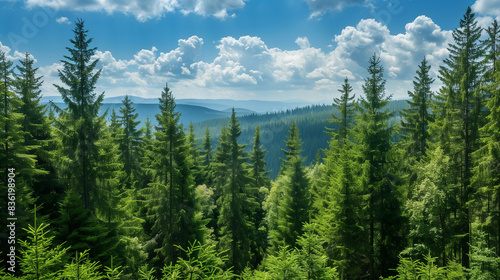 Landscape on a sunny day in the mountains Healthy green trees in a forest of old spruce  fir and pine    clean air in forest