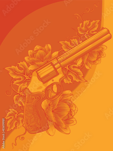 vector illustration of Revolver and flowers color