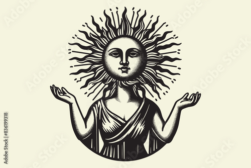 Woman with the face of the sun. Sun goddess. Isoteric vector illustration. vintage black engraving, emblem, logo