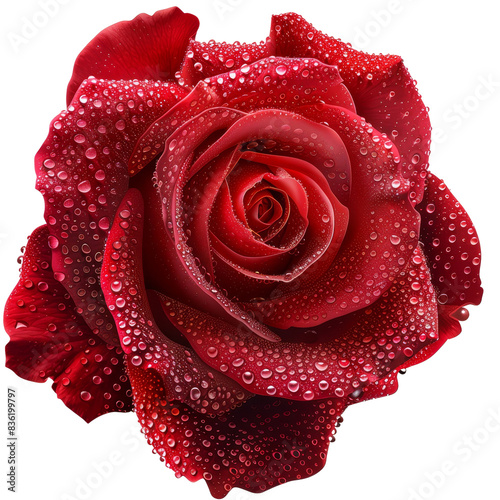 beautiful red rose bud with dew drops on a white background. Isolated transparent background