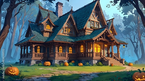 A big wooden magical house in a magical forest, fantasy theme for Halloween and light blue background, fantasy illustration. Generative AI © Carlos