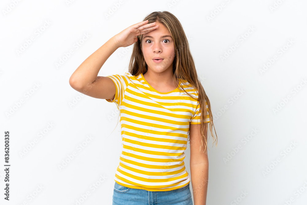 Little caucasian girl isolated on white background has realized something and intending the solution Little caucasian girl isolated on white background has realized something and intending the solution