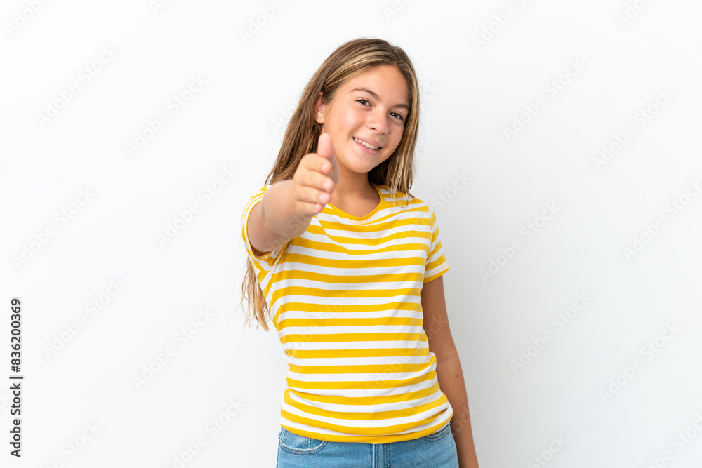 Little caucasian girl isolated on white background shaking hands for closing a good deal Little caucasian girl isolated on white background shaking hands for closing a good deal