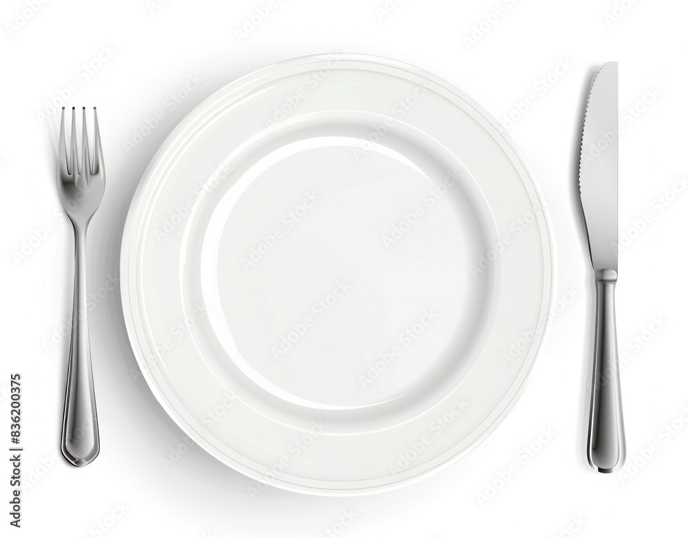 white plate with cutlery on white background