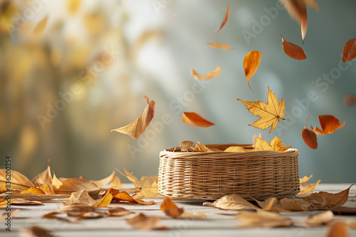 Autumn leaves falling into wicker basket on table. Autumn season and harvest concept