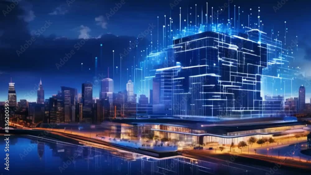 A striking city building at night stands out amidst the bright lights and bustling activity of the urban environment, A cloud of digital data constructed around a building blueprint A striking city building at night stands out amidst the bright lights and bustling activity of the urban environment, A cloud of digital data constructed around a building blueprint