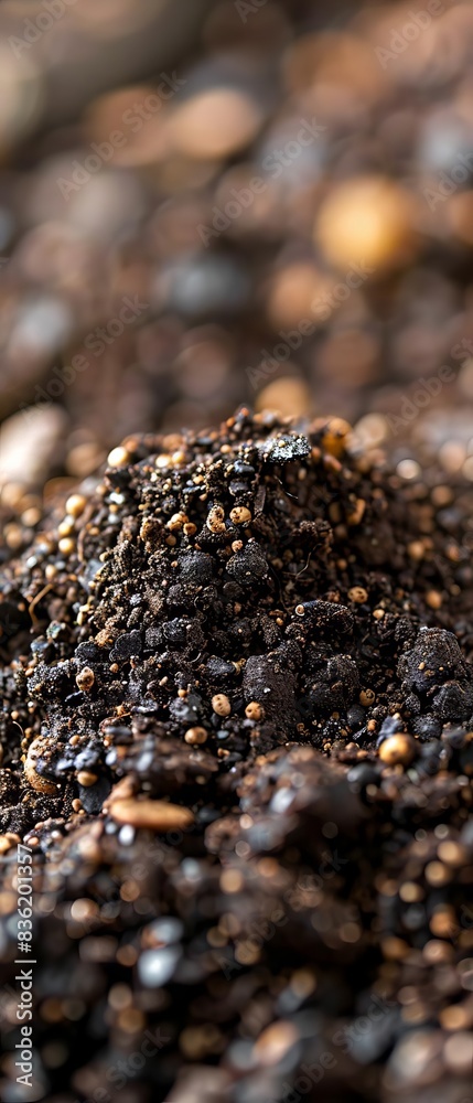 Rich compost featuring visible organic material, captured in closeup with available copy space. Rich compost featuring visible organic material, captured in closeup with available copy space.