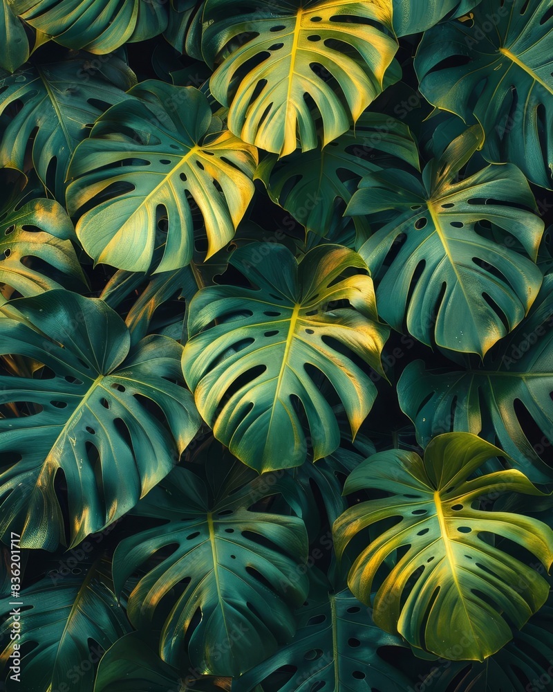 Monstera leaves under sunlight, top view, showcasing natural beauty, robotic tone, vivid Monstera leaves under sunlight, top view, showcasing natural beauty, robotic tone, vivid