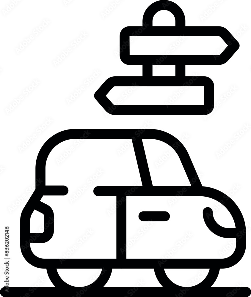 Black and white vector icon showing a car with an arrow sign pointing above it Black and white vector icon showing a car with an arrow sign pointing above it