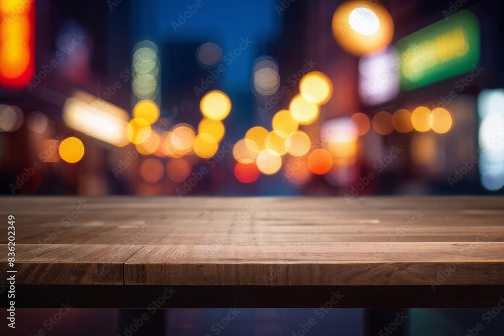 Neon bokeh light backdrop with empty wooden table surface