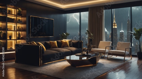 Luxurious modern interiors with large windows showcasing a dramatic cityscape during a storm  emphasizing sophistication and urban living.