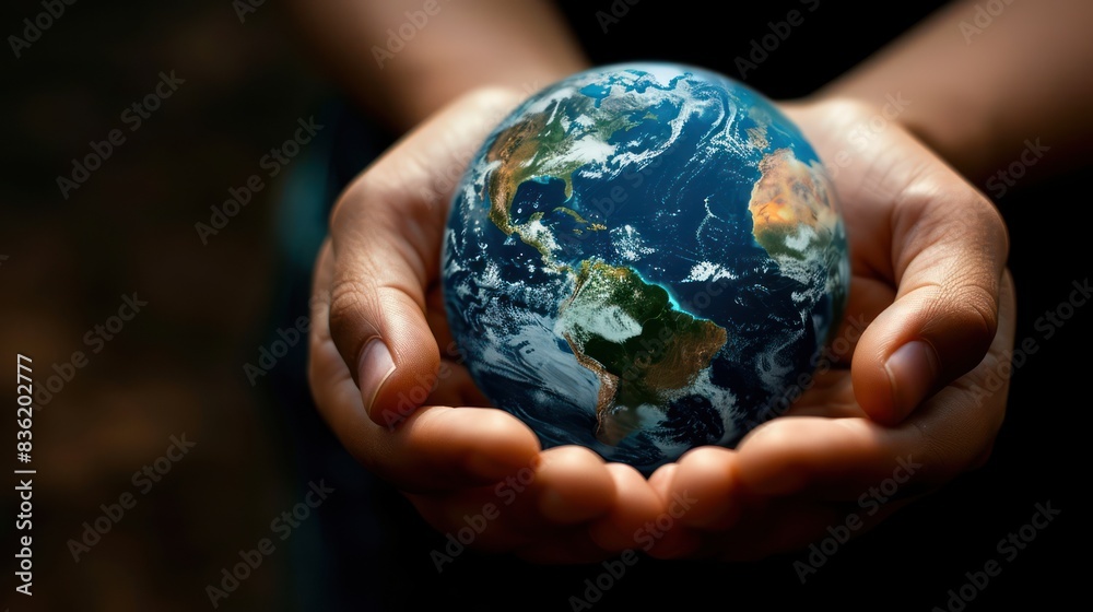 Model globe in hand save the world concept Model globe in hand save the world concept