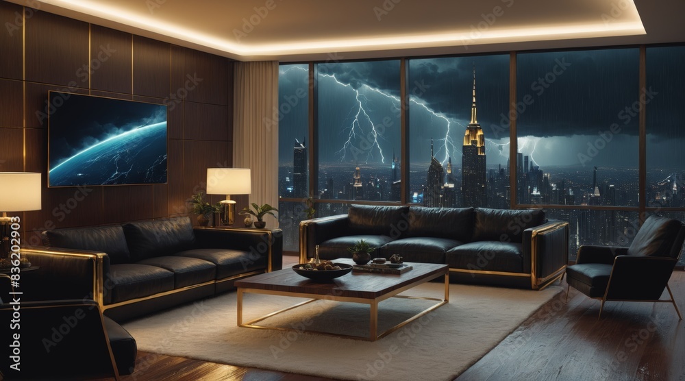 Luxurious modern interiors with large windows showcasing a dramatic cityscape during a storm, emphasizing sophistication and urban living. Luxurious modern interiors with large windows showcasing a dramatic cityscape during a storm, emphasizing sophistication and urban living.